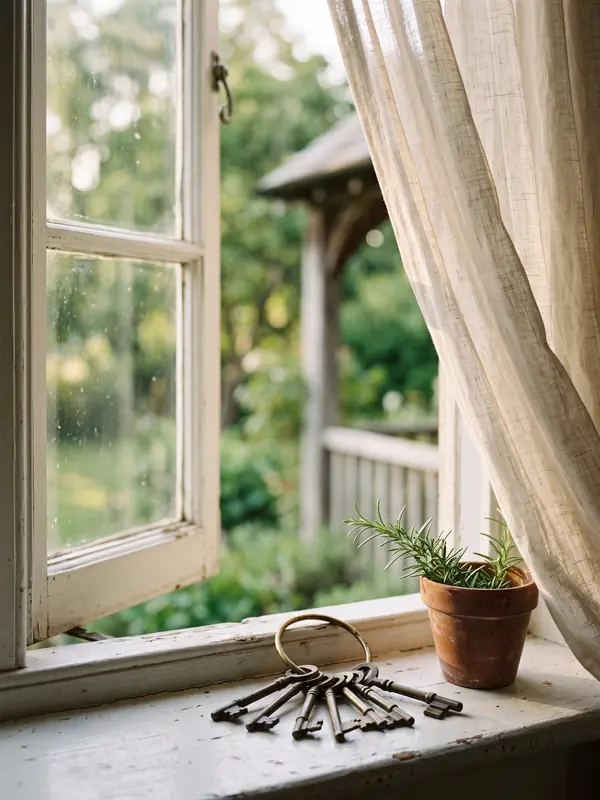 A ring of old brass keys on a worn white windowsill beside a potted rosemary plant, with an open window, a linen curtain and a blurred porch railing and green trees outside