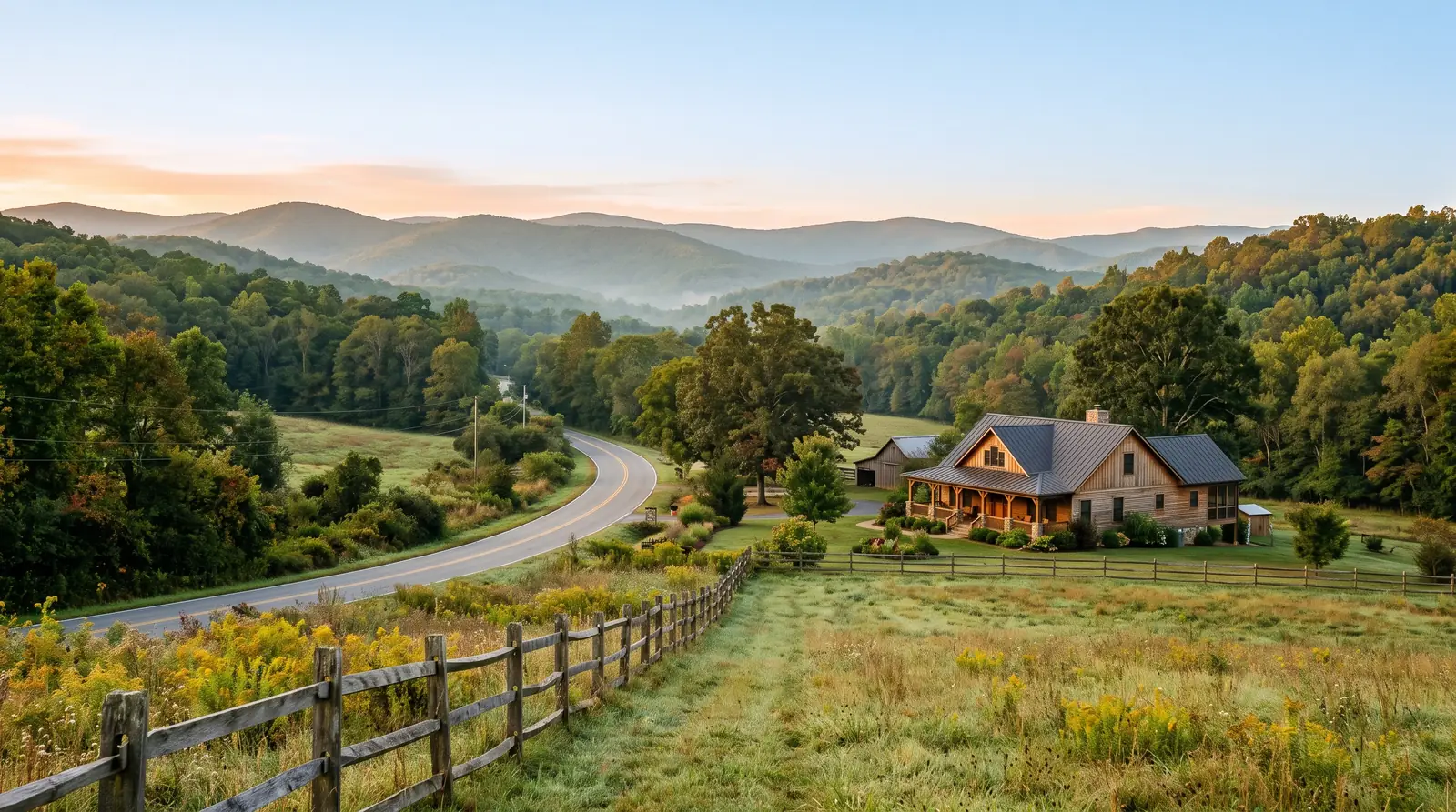 Rolling forested foothills near Dahlonega, Georgia at sunrise, with a two-lane country road curving toward a craftsman-style farmhouse with a dark metal roof.