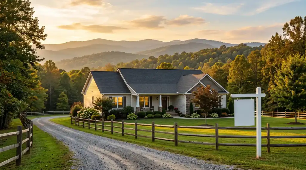 A North Georgia mountain home with a sold sign at the end of its gravel drive, golden late-day light across the fenced yard and forested ridge behind.