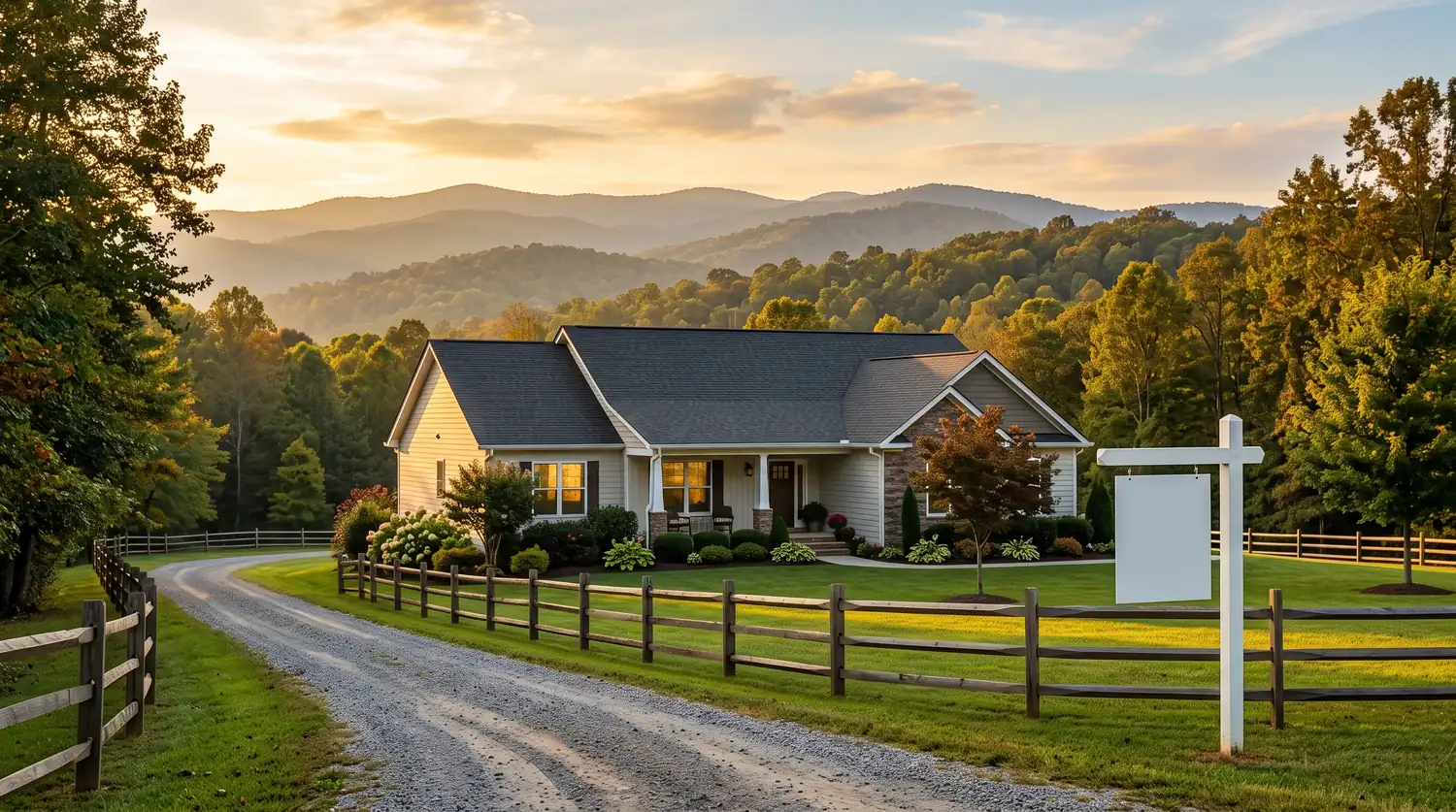 A North Georgia mountain home with a sold sign at the end of its gravel drive, golden late-day light across the fenced yard and forested ridge behind.