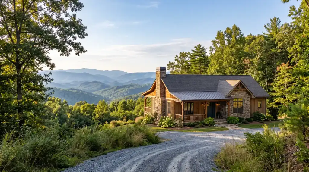 A North Georgia mountain home with long layered views over forested ridges, photographed from a gravel drive in clear late-afternoon light.