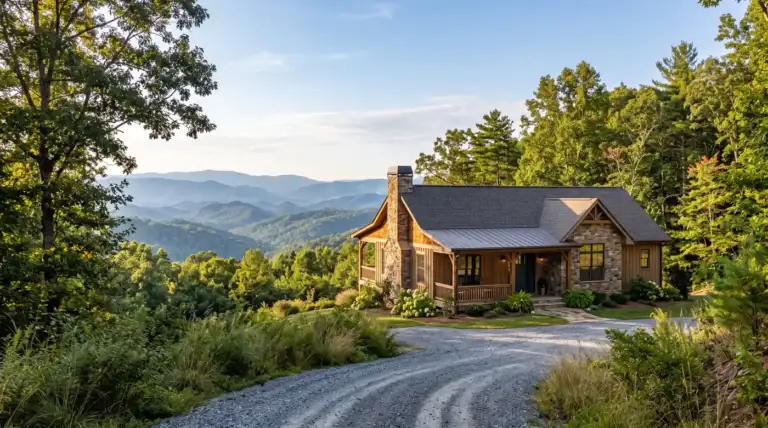 A North Georgia mountain home with long layered views over forested ridges, photographed from a gravel drive in clear late-afternoon light.