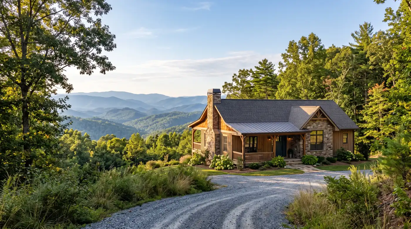 A North Georgia mountain home with long layered views over forested ridges, photographed from a gravel drive in clear late-afternoon light.