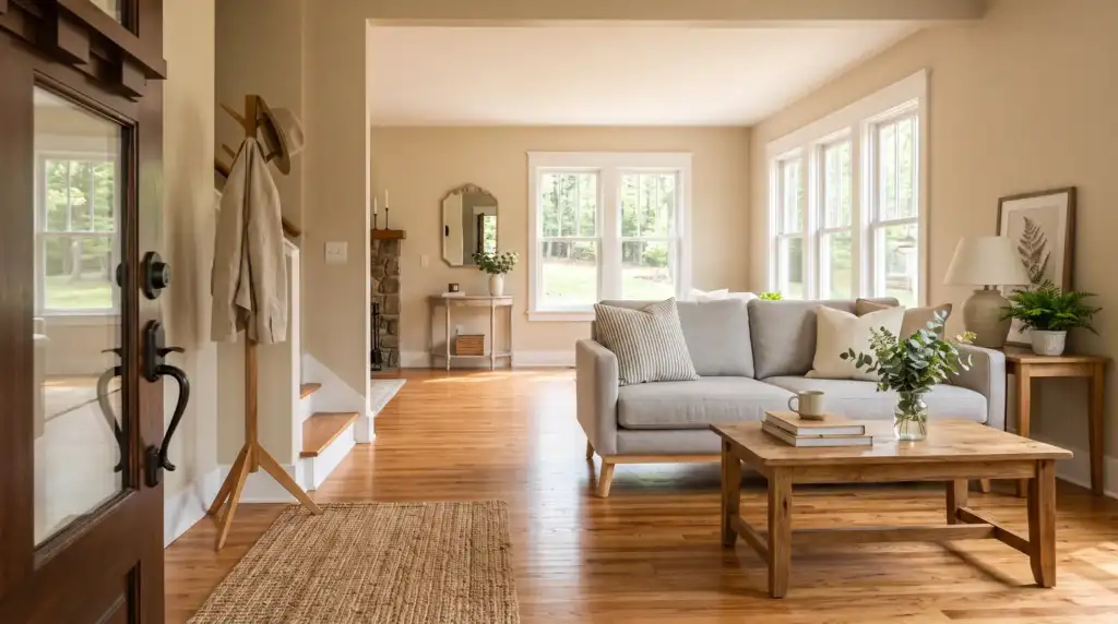 A freshly prepared North Georgia home interior seen from the entry, with neutral paint, clean staging, and morning light through the front windows.